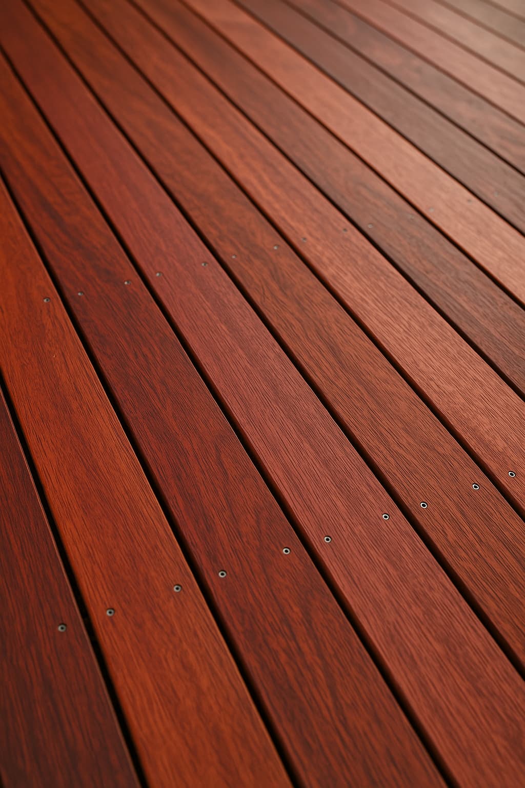 Close-up of new, oiled deep-red jarrah decking boards