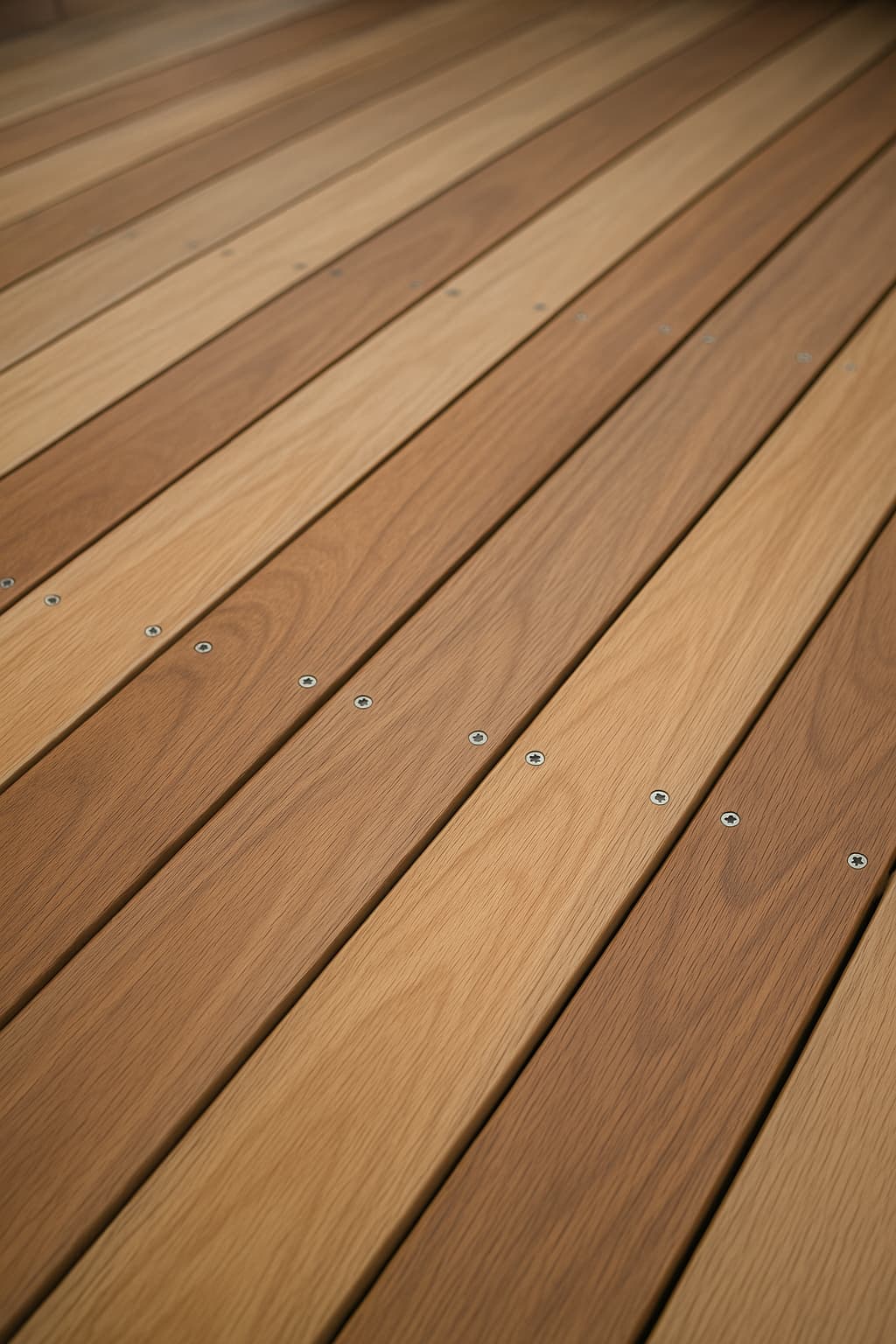 Close-up of new spotted gum decking boards varying from honey to mid-brown
